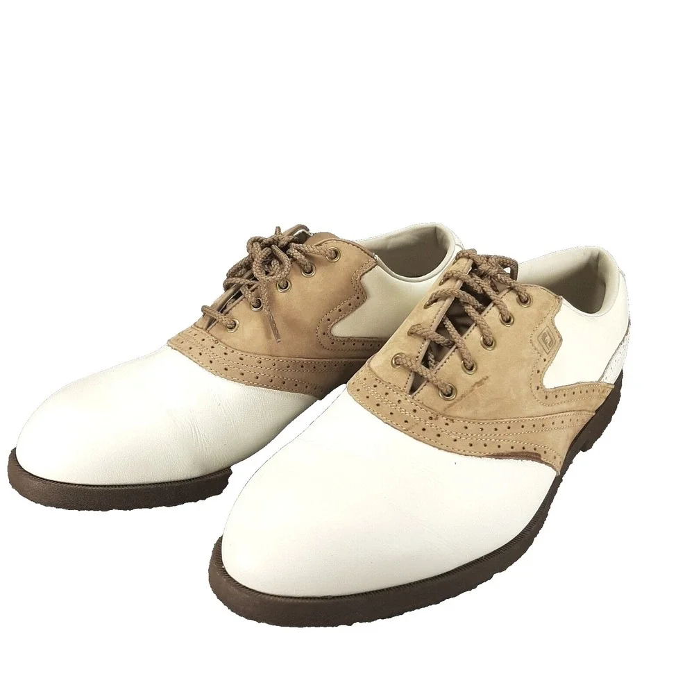 FJ Foot Joy Men's Golf Shoes White Brown Leather Lace Up 9.5M 53325 Footjoy READ